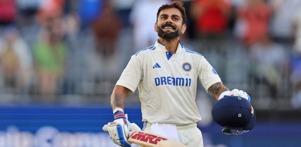 A positive Virat Kohli with helmet in hand